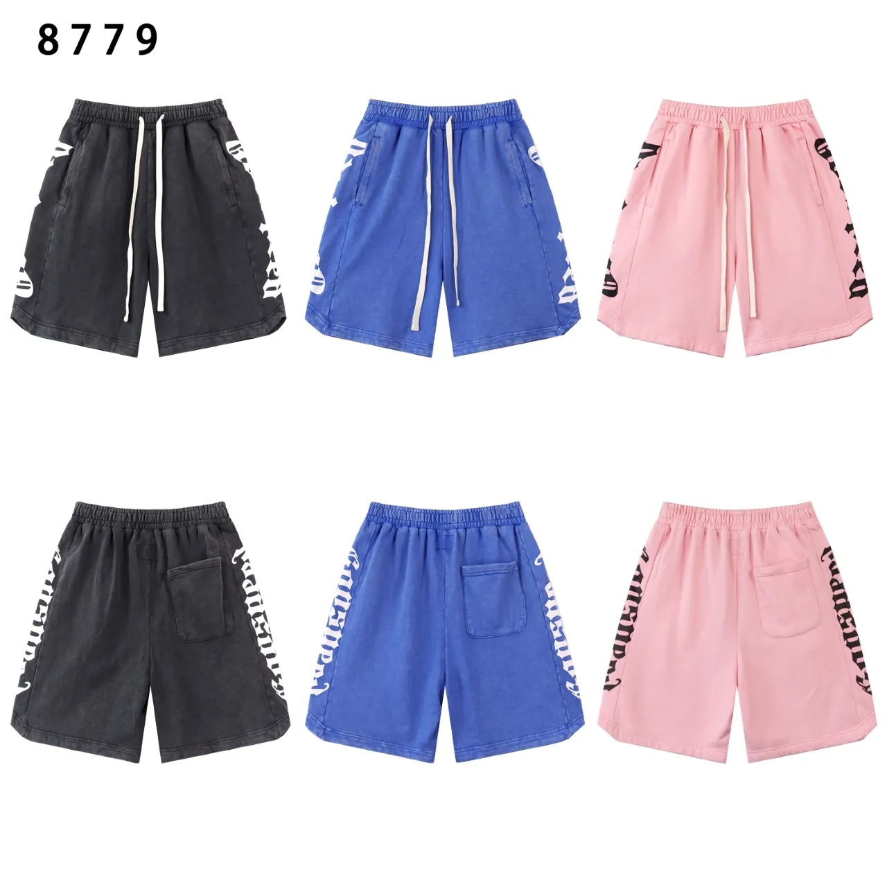 💰150 Style number: BR 8779 Fabric: 380g washed, real shot, beautiful and fashionable Godspeed printed high-quality double yarn casual fashion brand washed distressed spliced ​​shorts Color; wash black wash blue wash pink Size: S M L XL