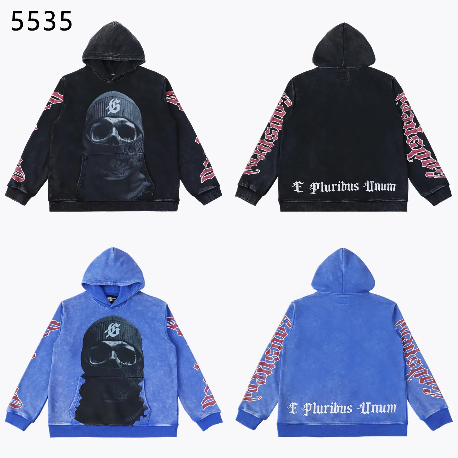 Style number: 5535 Fabric: 420g washed and distressed P196 Real shot Spot Godspeed American fashion rock street retro washed and distressed printed hooded sweatshirt Color: washed black washed blue Size: S M L XL