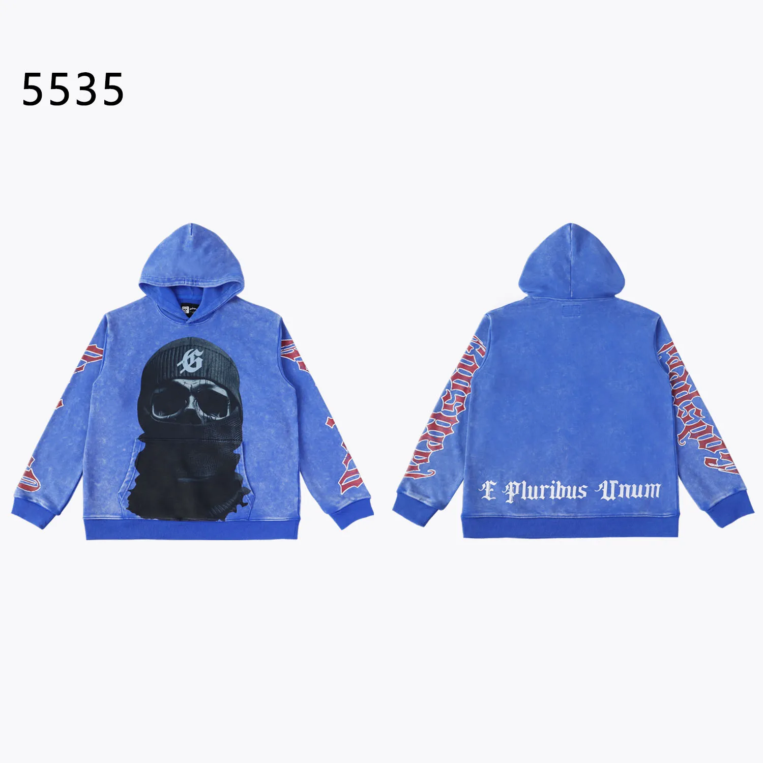 Style number: 5535 Fabric: 420g washed and distressed P196 Real shot Spot Godspeed American fashion rock street retro washed and distressed printed hooded sweatshirt Color: washed black washed blue Size: S M L XL