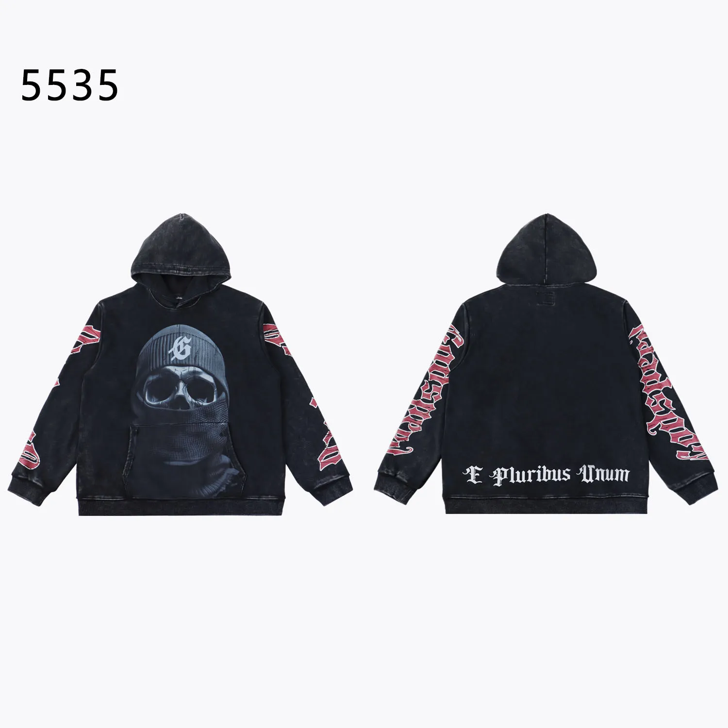 Style number: 5535 Fabric: 420g washed and distressed P196 Real shot Spot Godspeed American fashion rock street retro washed and distressed printed hooded sweatshirt Color: washed black washed blue Size: S M L XL