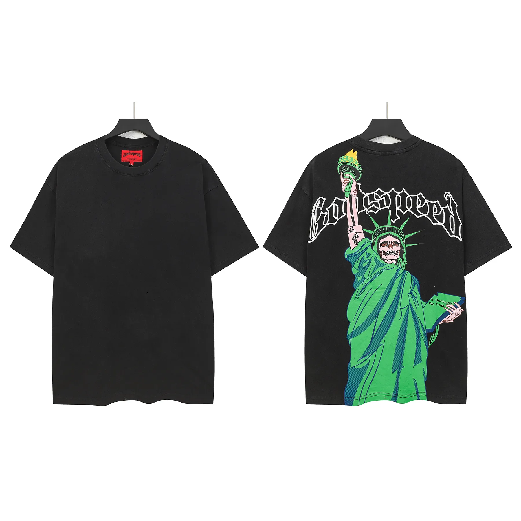 6121#washed black | P116 Godspeed cross-border American rock and roll street washed retro style short-sleeved T (craft printing) fabric (fabric): 32 count combed double yarn 250g weight code number (size): S-M-L-XL color (colour): washed black