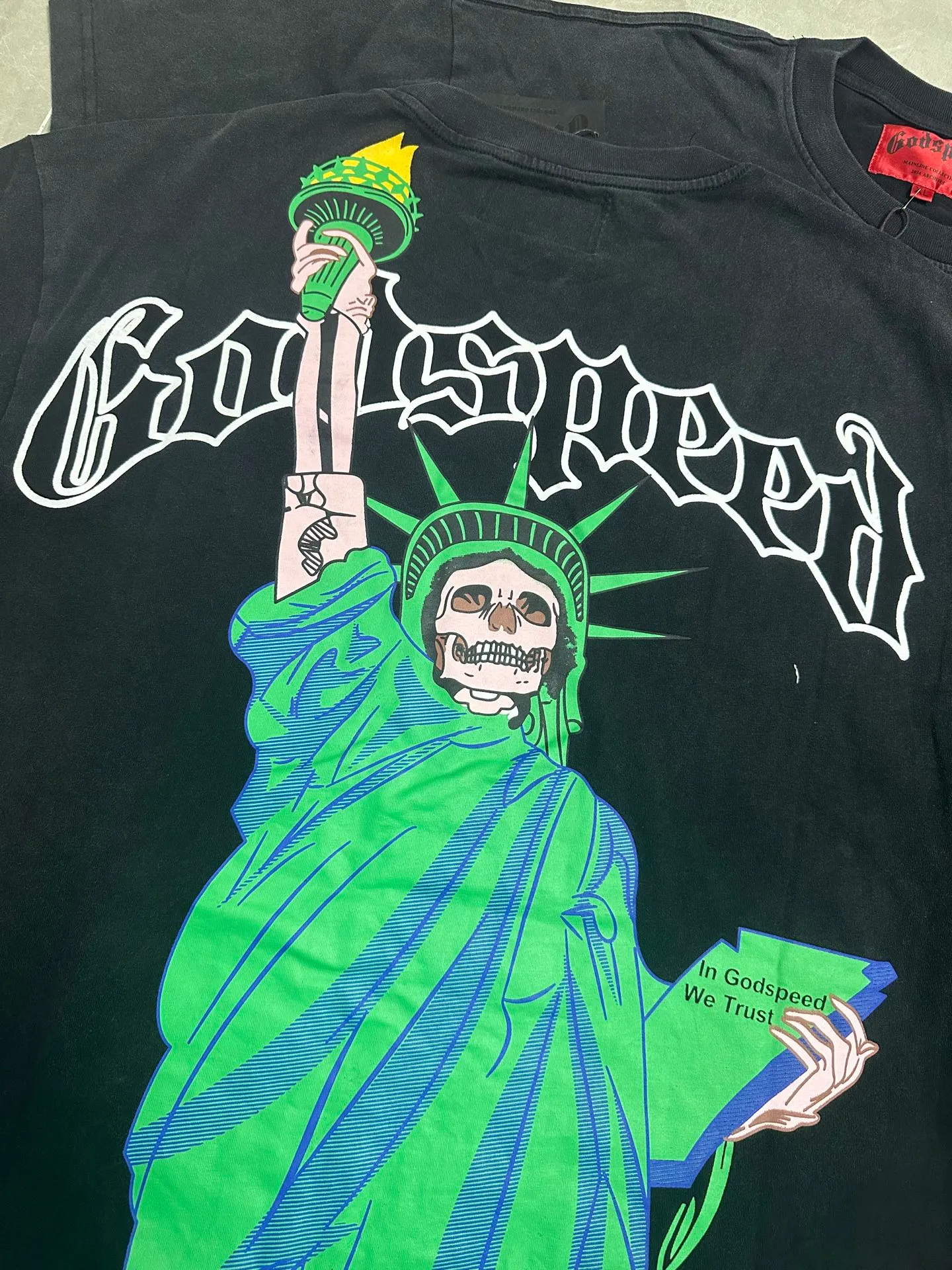 6121#washed black | P116 Godspeed cross-border American rock and roll street washed retro style short-sleeved T (craft printing) fabric (fabric): 32 count combed double yarn 250g weight code number (size): S-M-L-XL color (colour): washed black