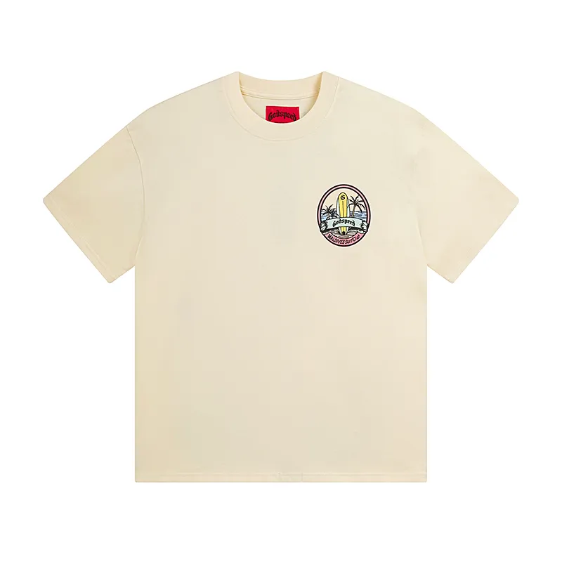 3056# P110 Real shot Godspeed American fashion rock street retro loose printed cotton short sleeves Fabric: 240g 32 count fine cotton double yarn pure cotton Color: apricot Size: S M L XL