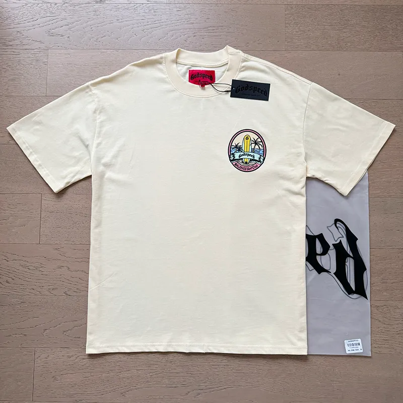 3056# P110 Real shot Godspeed American fashion rock street retro loose printed cotton short sleeves Fabric: 240g 32 count fine cotton double yarn pure cotton Color: apricot Size: S M L XL