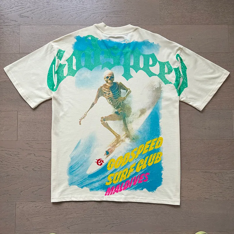 3056# P110 Real shot Godspeed American fashion rock street retro loose printed cotton short sleeves Fabric: 240g 32 count fine cotton double yarn pure cotton Color: apricot Size: S M L XL