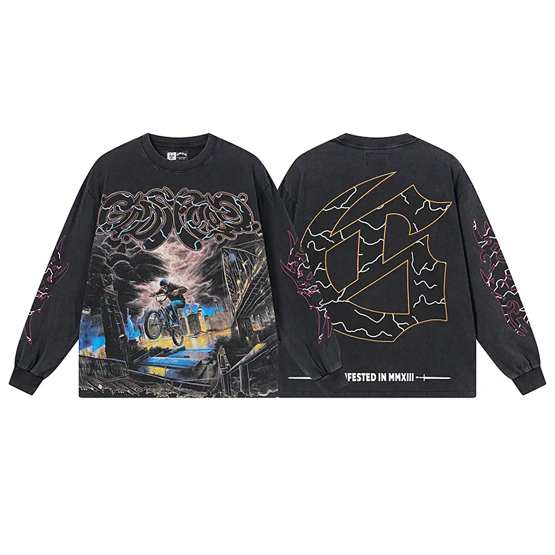1173# P160 Washed Black Real Shot Godspeed Beauty Street Retro Washed and Distressed Pure Cotton Long T Fabric: 270g 32 Count Fine Cotton Double Yarn Pure Cotton Color: Washed Black Size: S M L XL