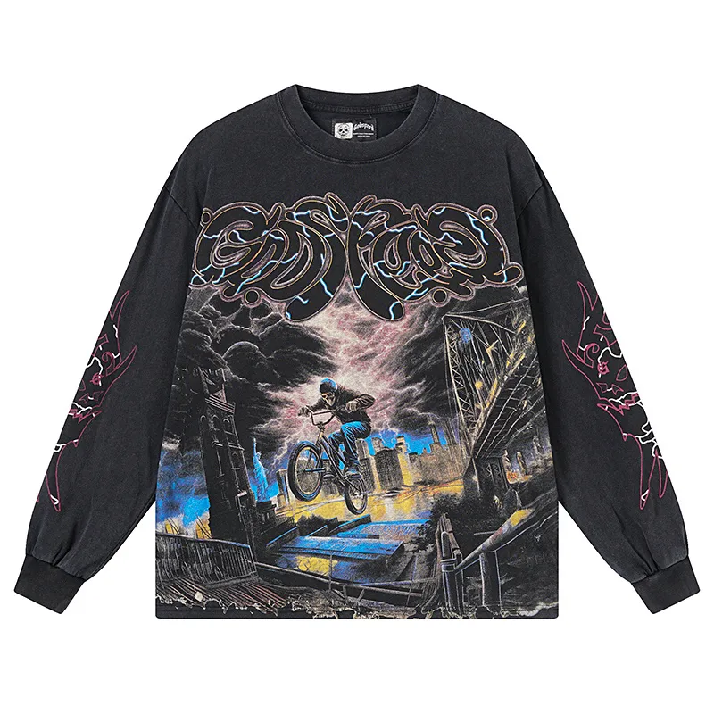 1173# P160 Washed Black Real Shot Godspeed Beauty Street Retro Washed and Distressed Pure Cotton Long T Fabric: 270g 32 Count Fine Cotton Double Yarn Pure Cotton Color: Washed Black Size: S M L XL