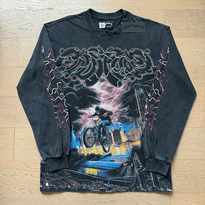 1173# P160 Washed Black Real Shot Godspeed Beauty Street Retro Washed and Distressed Pure Cotton Long T Fabric: 270g 32 Count Fine Cotton Double Yarn Pure Cotton Color: Washed Black Size: S M L XL