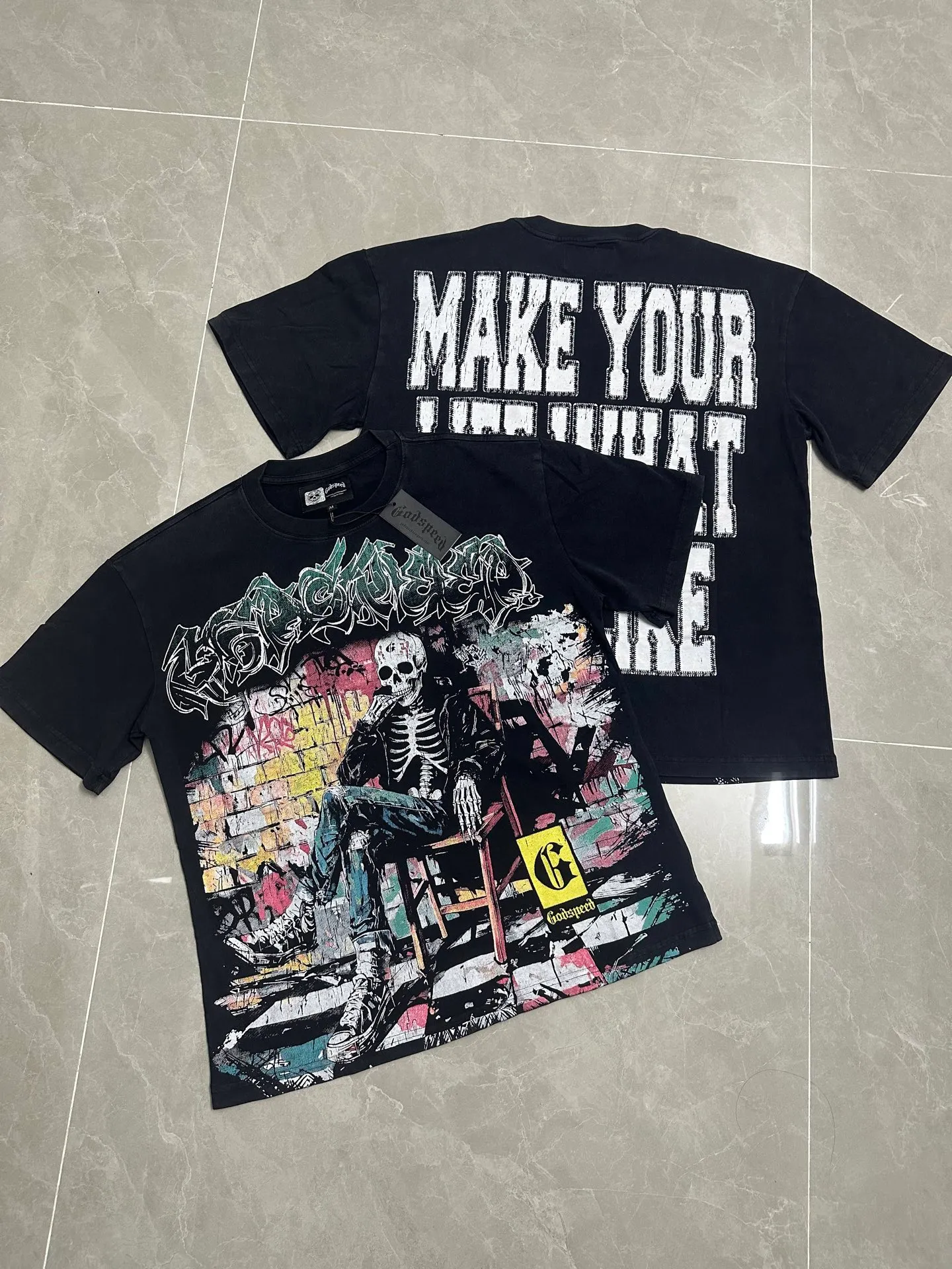 6132# Washed black I P116 Real stock (American fashion niche) - New Godspeed cross-border American rock street washed retro style short-sleeved T (craft printing) Fabric (fabric): 32 counts combed double yarn 250 grams weight Size (size): S-M-L-XL Color (colour): Washed black