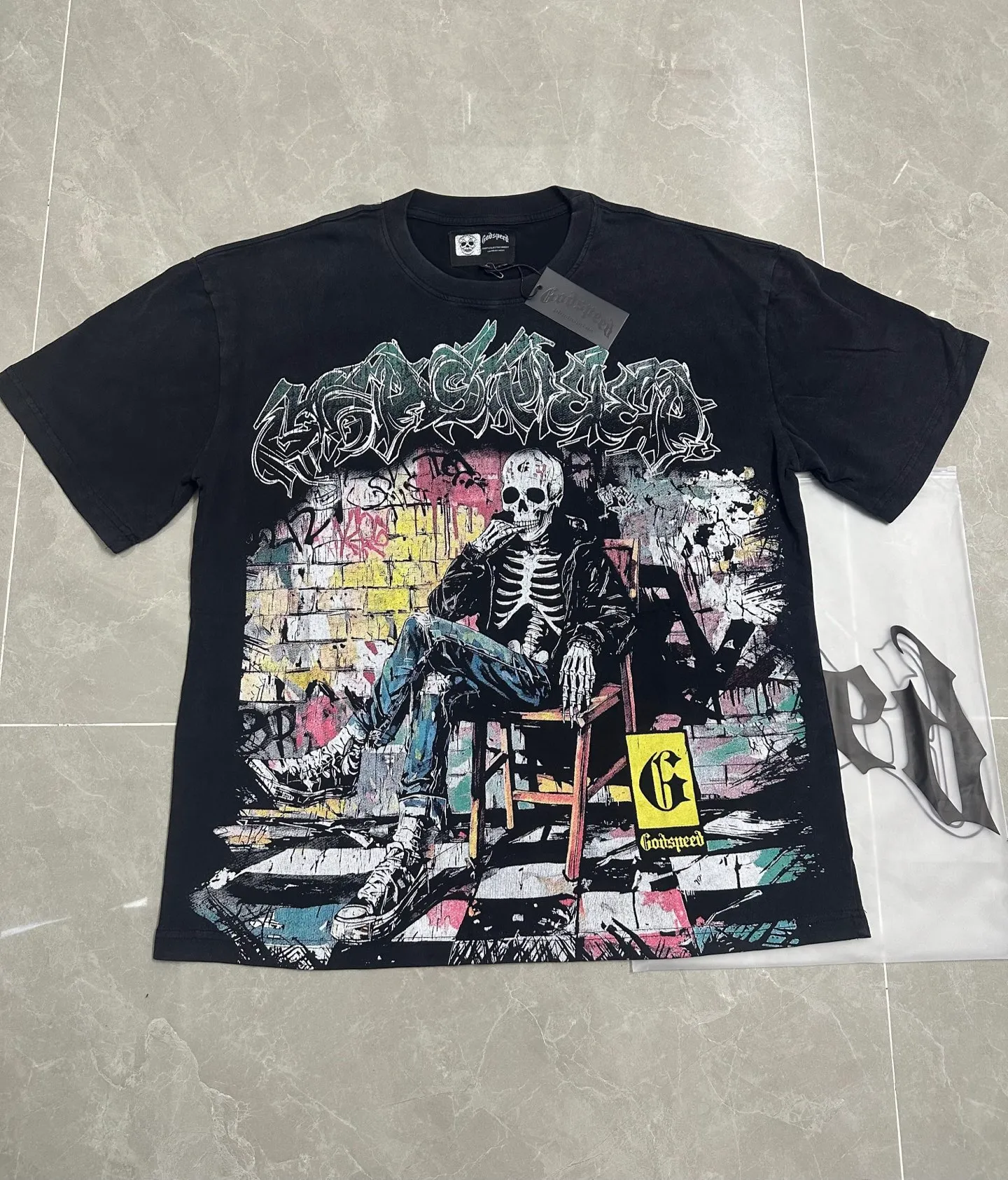 6132# Washed black I P116 Real stock (American fashion niche) - New Godspeed cross-border American rock street washed retro style short-sleeved T (craft printing) Fabric (fabric): 32 counts combed double yarn 250 grams weight Size (size): S-M-L-XL Color (colour): Washed black