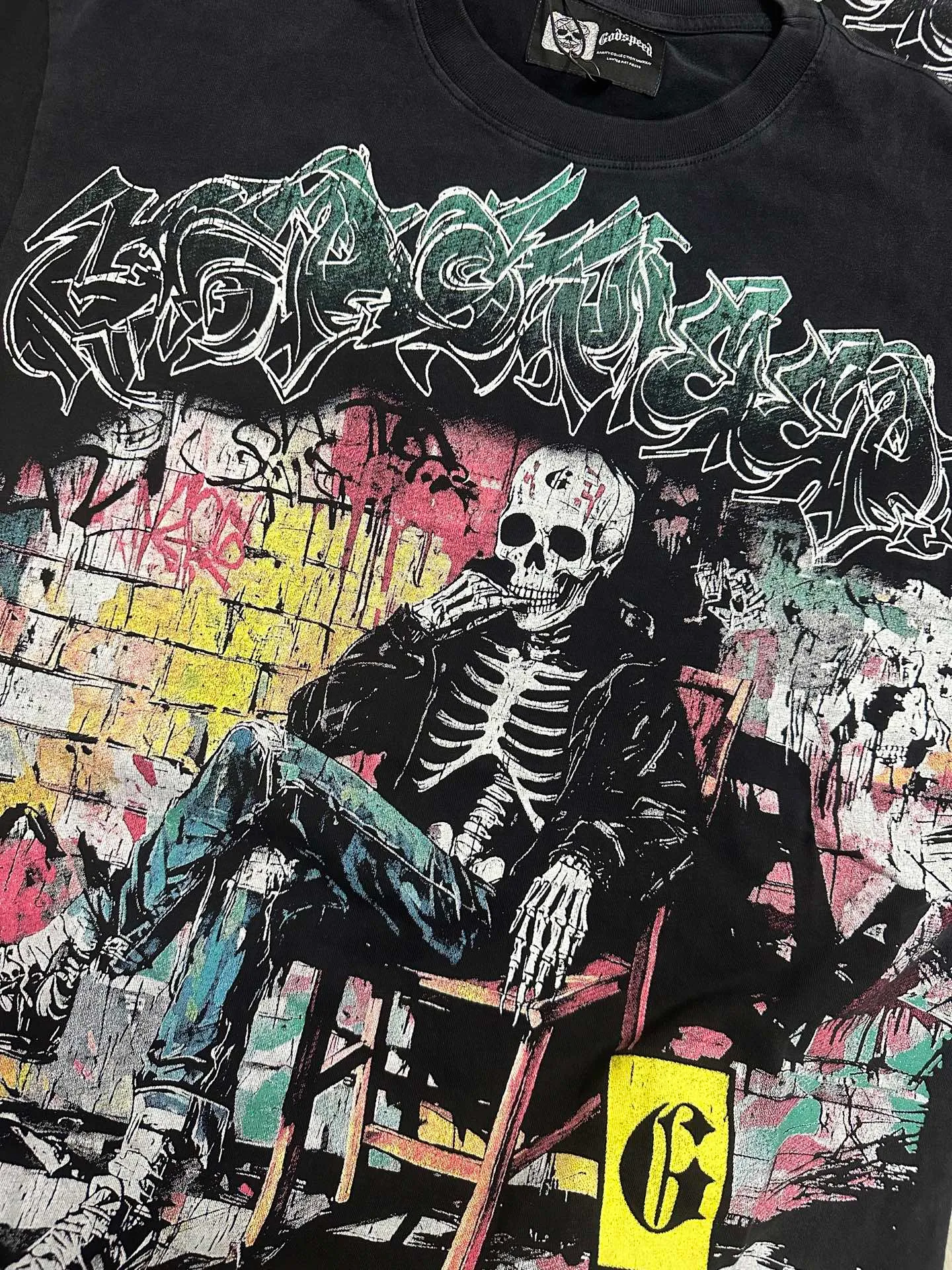 6132# Washed black I P116 Real stock (American fashion niche) - New Godspeed cross-border American rock street washed retro style short-sleeved T (craft printing) Fabric (fabric): 32 counts combed double yarn 250 grams weight Size (size): S-M-L-XL Color (colour): Washed black
