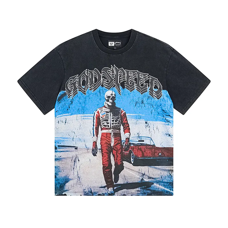 1087# P126 Washed Black Real Shot Godspeed American Fashion Rock Street Retro Washed Distressed Printed Cotton Short Sleeves Fabric: 250g 32 Count Fine Cotton Double Yarn Pure Cotton Color: Washed Black Size: S M L XL