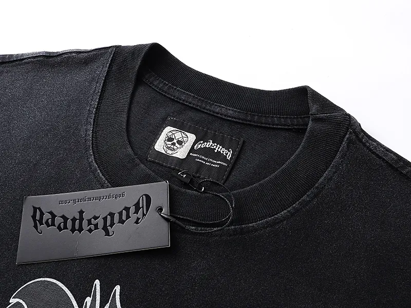 1087# P126 Washed Black Real Shot Godspeed American Fashion Rock Street Retro Washed Distressed Printed Cotton Short Sleeves Fabric: 250g 32 Count Fine Cotton Double Yarn Pure Cotton Color: Washed Black Size: S M L XL