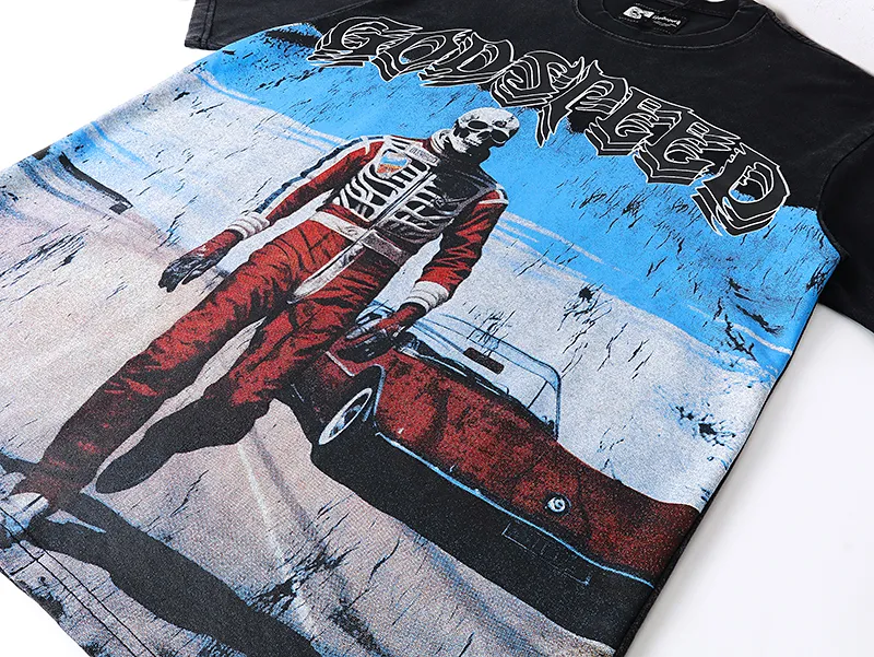 1087# P126 Washed Black Real Shot Godspeed American Fashion Rock Street Retro Washed Distressed Printed Cotton Short Sleeves Fabric: 250g 32 Count Fine Cotton Double Yarn Pure Cotton Color: Washed Black Size: S M L XL