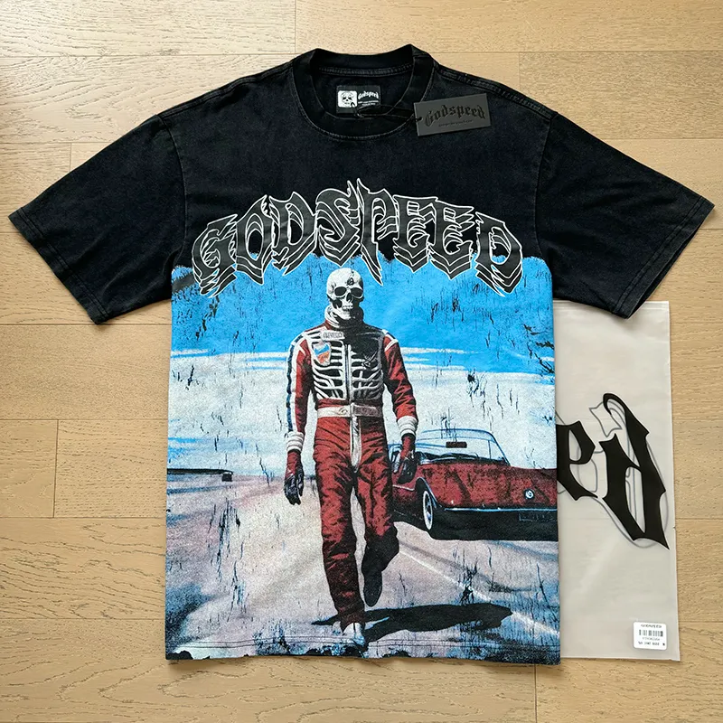 1087# P126 Washed Black Real Shot Godspeed American Fashion Rock Street Retro Washed Distressed Printed Cotton Short Sleeves Fabric: 250g 32 Count Fine Cotton Double Yarn Pure Cotton Color: Washed Black Size: S M L XL