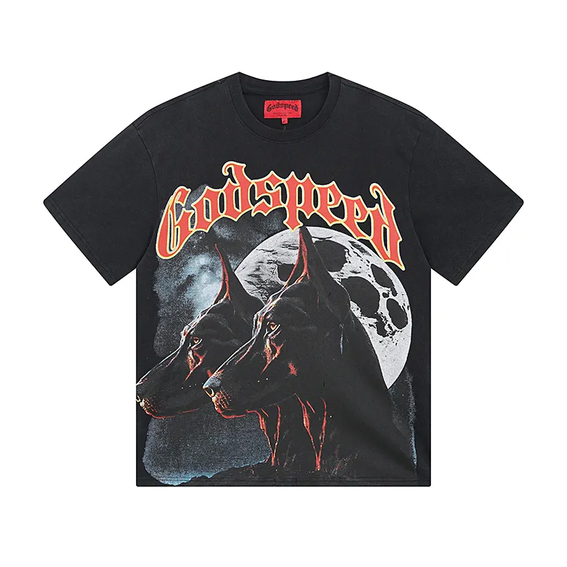 1033# P126 Washed Black Real Shot Godspeed American Fashion Rock Street Retro Washed Distressed Printed Cotton Short Sleeves Fabric: 250g 32 Count Fine Cotton Double Yarn Pure Cotton Color: Washed Black Size: S M L XL