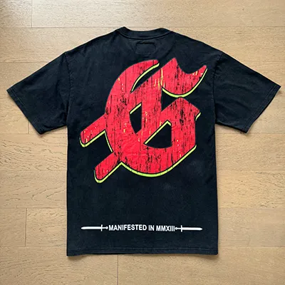 1033# P126 Washed Black Real Shot Godspeed American Fashion Rock Street Retro Washed Distressed Printed Cotton Short Sleeves Fabric: 250g 32 Count Fine Cotton Double Yarn Pure Cotton Color: Washed Black Size: S M L XL