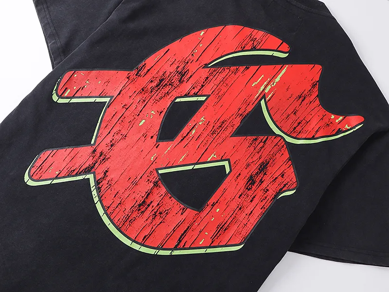 1033# P126 Washed Black Real Shot Godspeed American Fashion Rock Street Retro Washed Distressed Printed Cotton Short Sleeves Fabric: 250g 32 Count Fine Cotton Double Yarn Pure Cotton Color: Washed Black Size: S M L XL