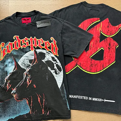 1033# P126 Washed Black Real Shot Godspeed American Fashion Rock Street Retro Washed Distressed Printed Cotton Short Sleeves Fabric: 250g 32 Count Fine Cotton Double Yarn Pure Cotton Color: Washed Black Size: S M L XL