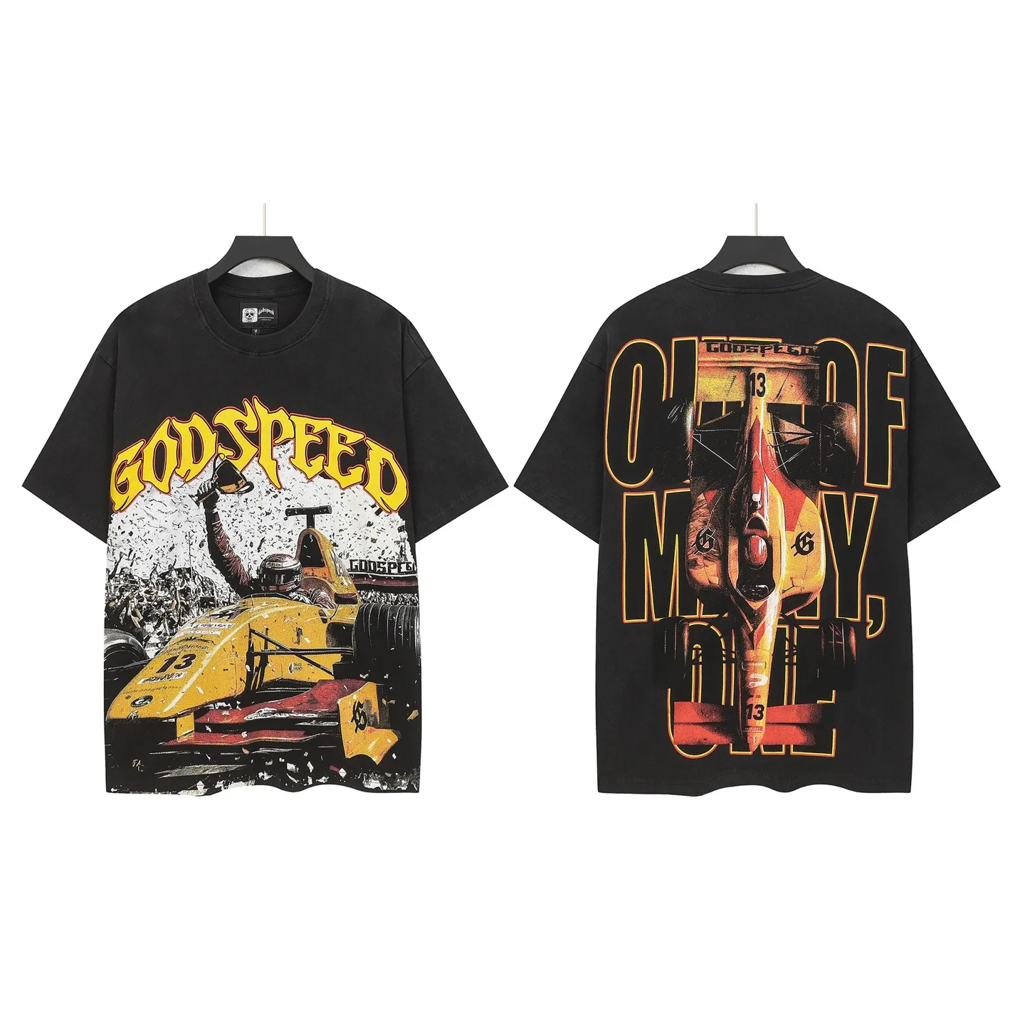6113# washed retro black I P116 Godspeed cross-border American rock and roll street washed retro style short-sleeved T (craft printing) fabric (fabric): 32 count combed double yarn 250 grams weight code number (size): S-M-L-XL color (colour): washed black