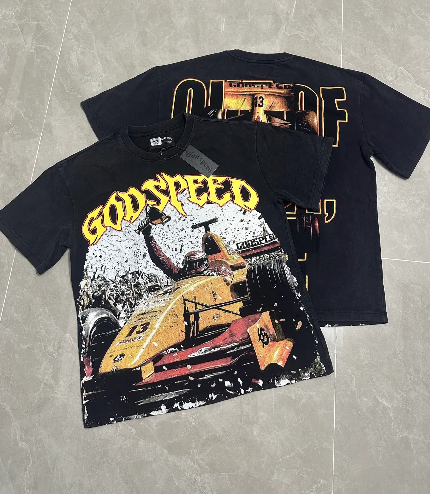 6113# washed retro black I P116 Godspeed cross-border American rock and roll street washed retro style short-sleeved T (craft printing) fabric (fabric): 32 count combed double yarn 250 grams weight code number (size): S-M-L-XL color (colour): washed black