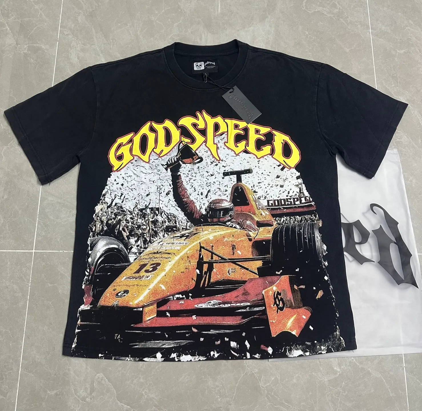 6113# washed retro black I P116 Godspeed cross-border American rock and roll street washed retro style short-sleeved T (craft printing) fabric (fabric): 32 count combed double yarn 250 grams weight code number (size): S-M-L-XL color (colour): washed black