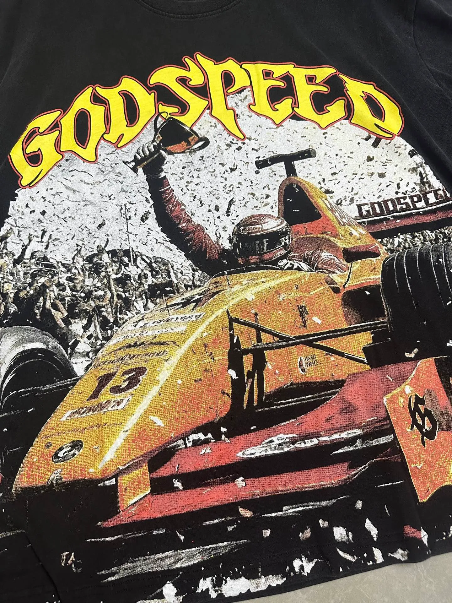 6113# washed retro black I P116 Godspeed cross-border American rock and roll street washed retro style short-sleeved T (craft printing) fabric (fabric): 32 count combed double yarn 250 grams weight code number (size): S-M-L-XL color (colour): washed black