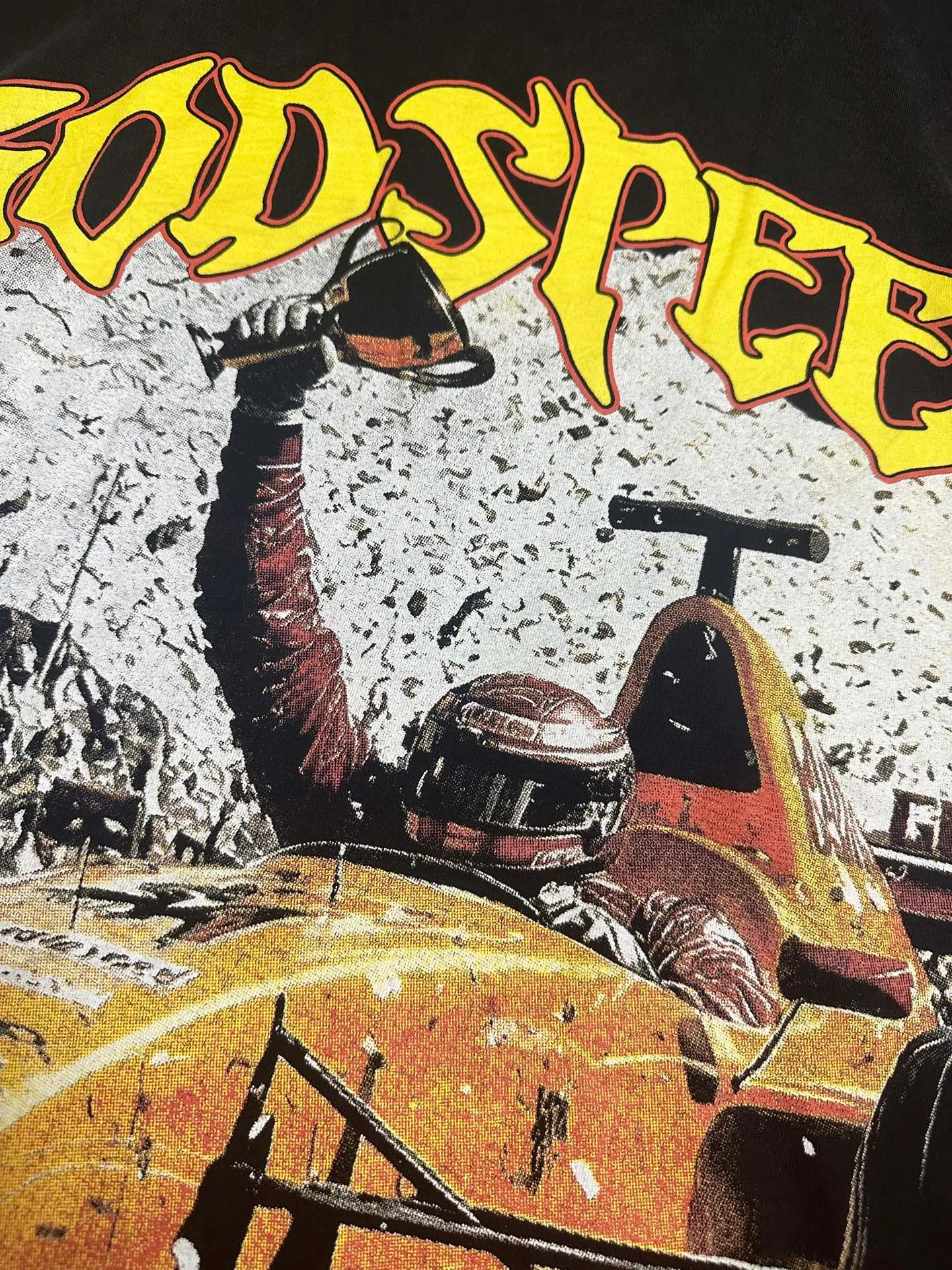 6113# washed retro black I P116 Godspeed cross-border American rock and roll street washed retro style short-sleeved T (craft printing) fabric (fabric): 32 count combed double yarn 250 grams weight code number (size): S-M-L-XL color (colour): washed black