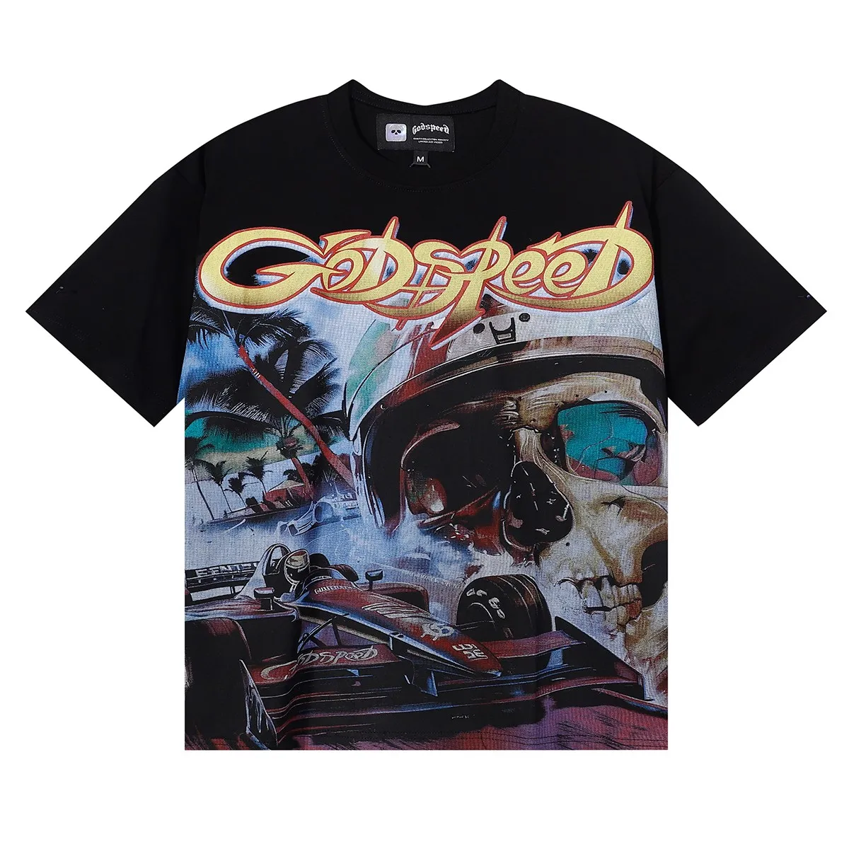 Batch 106, No. 7083, American fashion Godspeed skull racing print high quality double yarn pure cotton casual short-sleeved T-shirt Color: black, white, pink; Size: S M L XL