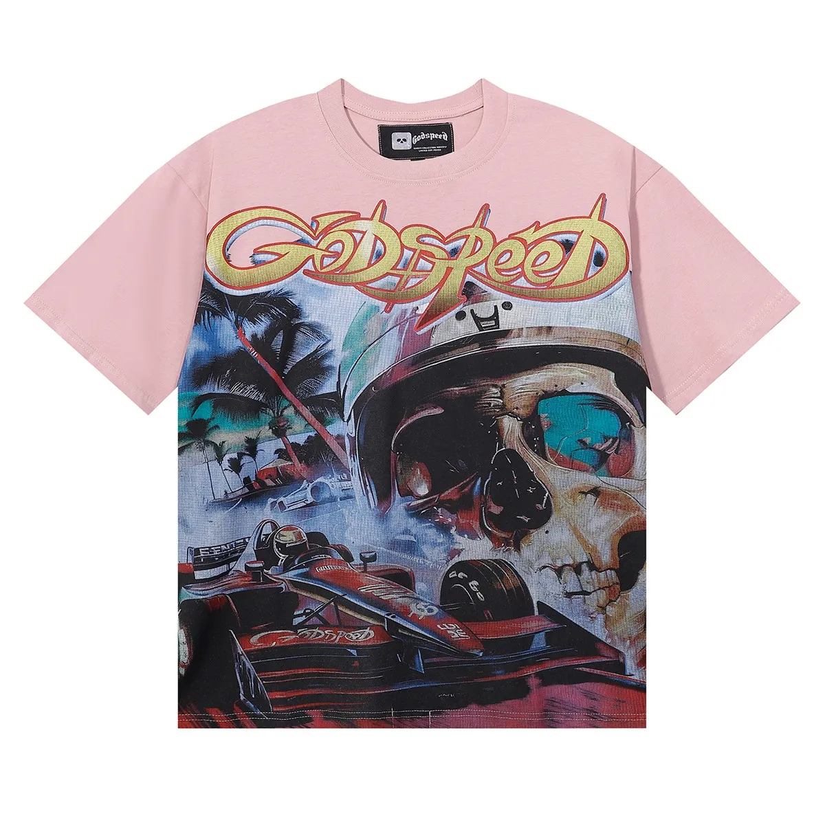 Batch 106, No. 7083, American fashion Godspeed skull racing print high quality double yarn pure cotton casual short-sleeved T-shirt Color: black, white, pink; Size: S M L XL