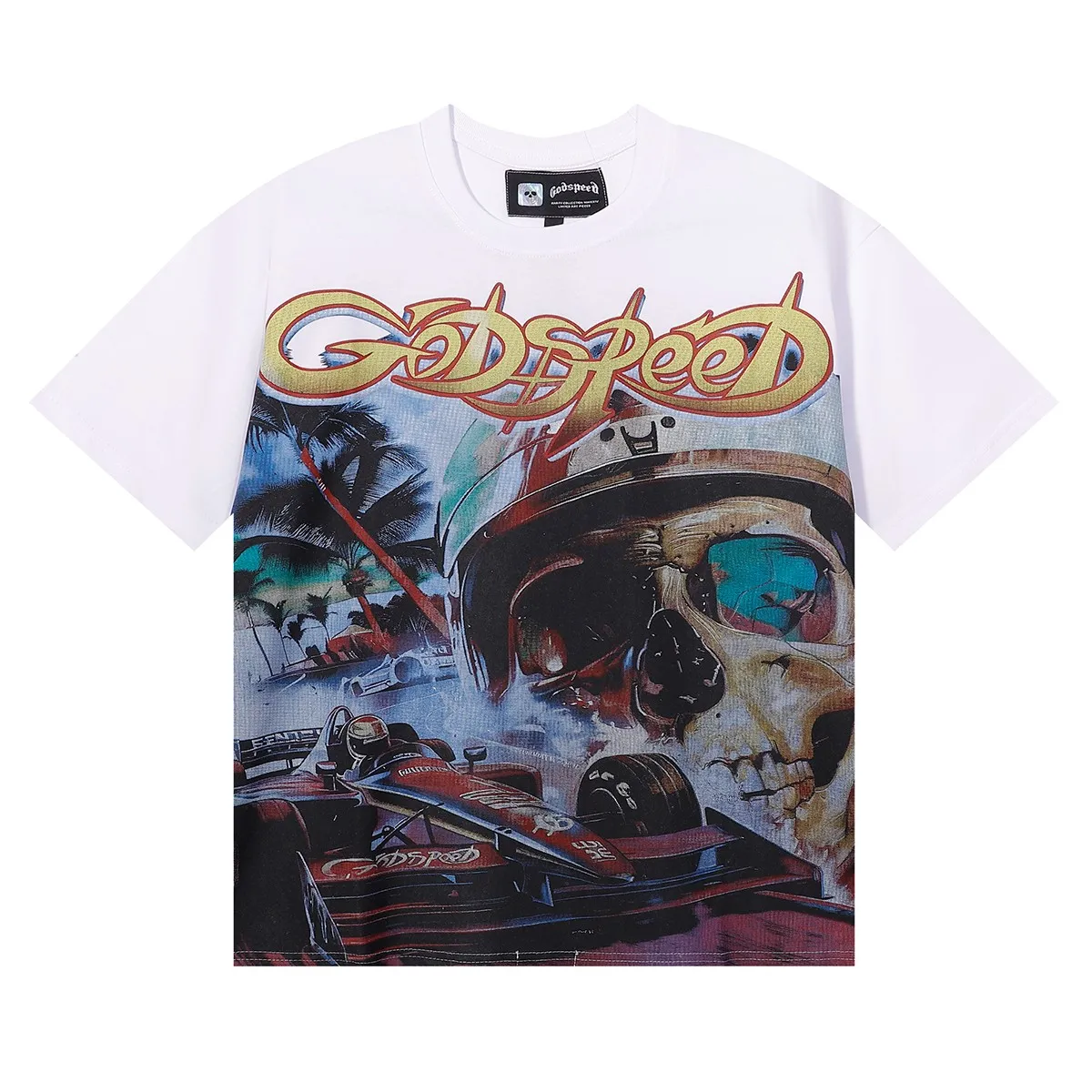 Batch 106, No. 7083, American fashion Godspeed skull racing print high quality double yarn pure cotton casual short-sleeved T-shirt Color: black, white, pink; Size: S M L XL