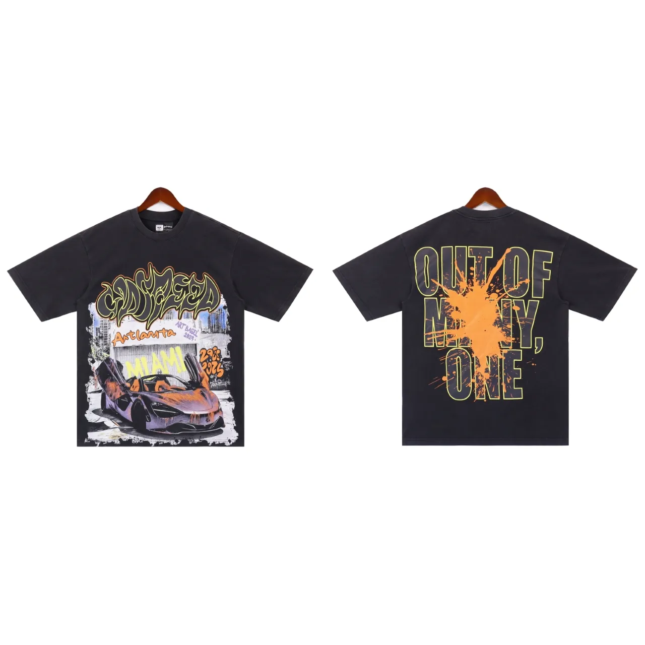 Style No.: 2861 Fabric: 230 grams washed P126 Real shot, spot beauty, trendy Godspeed racing print, washed and distressed, high quality double yarn casual round neck short-sleeved T-shirt for men and women Color; washed black, washed blue Code number: S M L XL