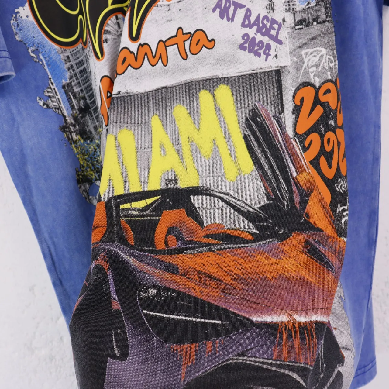 Style No.: 2861 Fabric: 230 grams washed P126 Real shot, spot beauty, trendy Godspeed racing print, washed and distressed, high quality double yarn casual round neck short-sleeved T-shirt for men and women Color; washed black, washed blue Code number: S M L XL