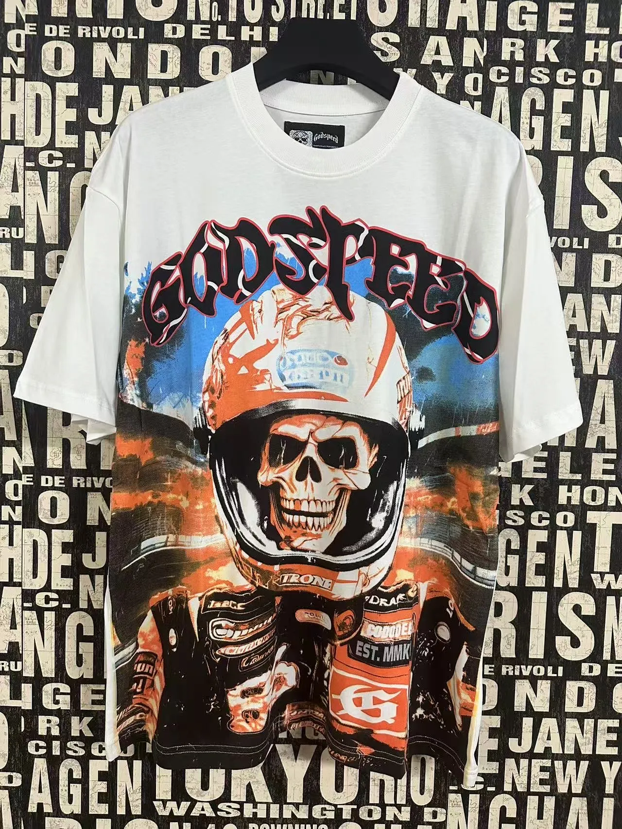 5036# White ｜P104 Godspeed cross-border American rock and roll street washed retro style short-sleeved T (craft printing) fabric (fabric): 32 counts combed double yarn 240 grams weight code number (size): S-M-L-XL color (colour): white 👉 👉