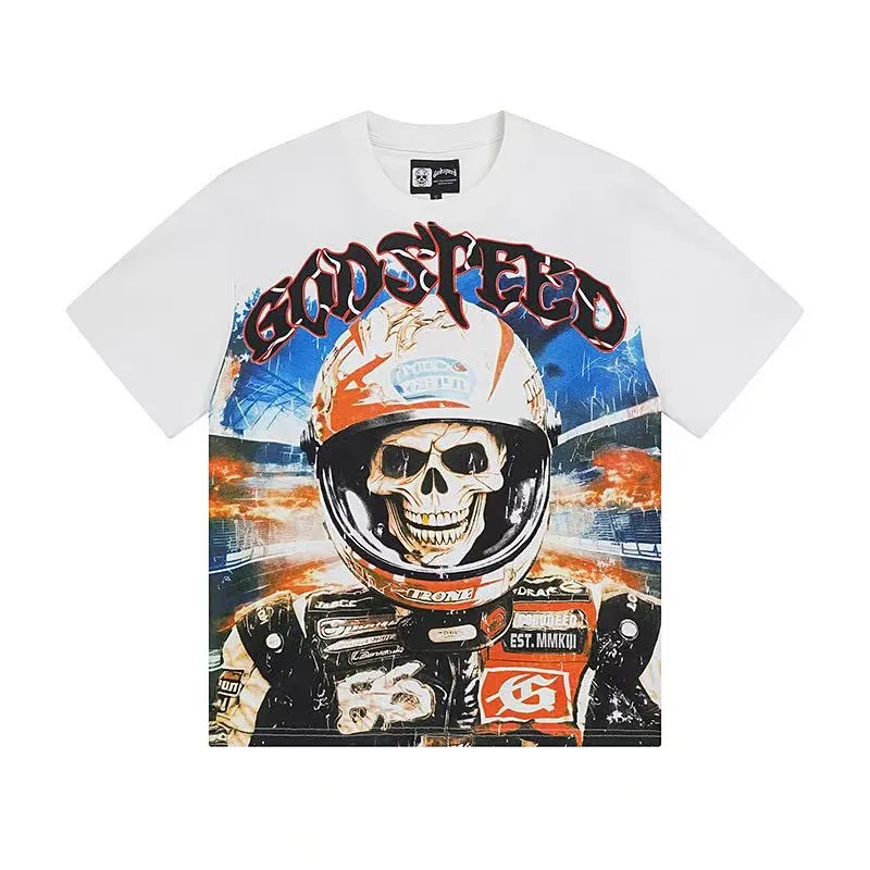 5036# White ｜P104 Godspeed cross-border American rock and roll street washed retro style short-sleeved T (craft printing) fabric (fabric): 32 counts combed double yarn 240 grams weight code number (size): S-M-L-XL color (colour): white 👉 👉