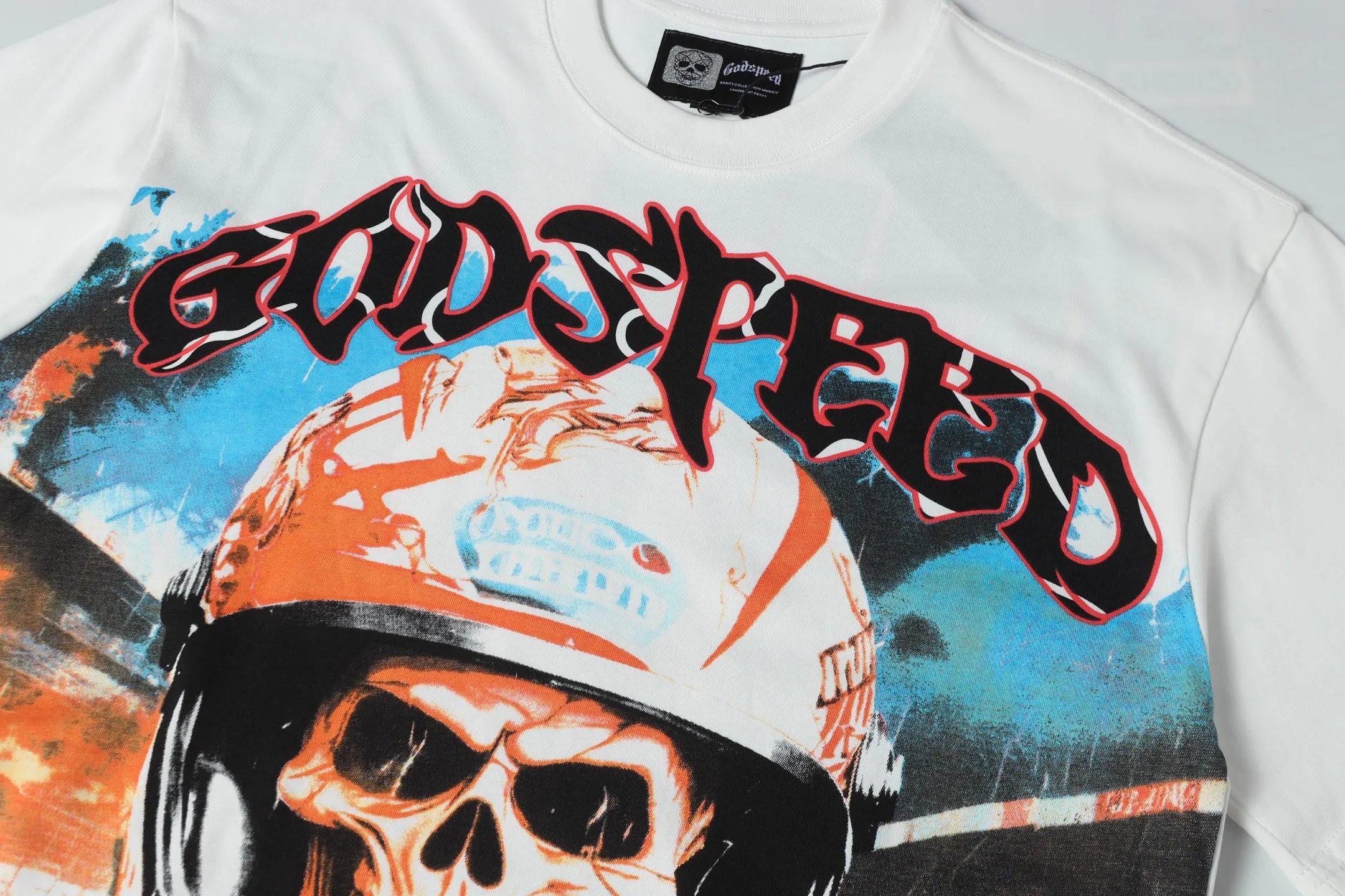 5036# White ｜P104 Godspeed cross-border American rock and roll street washed retro style short-sleeved T (craft printing) fabric (fabric): 32 counts combed double yarn 240 grams weight code number (size): S-M-L-XL color (colour): white 👉 👉