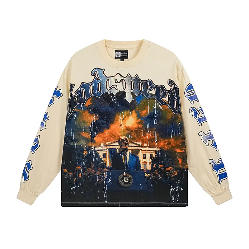 3157# P140 Real shot of Godspeed American fashion rock street pure cotton loose bottoming long-sleeved T-shirt long T. Fabric: 270g 32 count fine cotton double yarn pure cotton Color: Apricot Code number: S M L XL