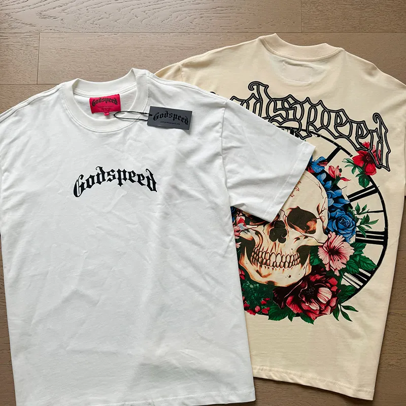 3019# P110 Real shot Godspeed American trendy rock street retro loose printed cotton short sleeves Fabric: 240g 32 count fine cotton double yarn pure cotton Color: off-white apricot Size: S M L XL
