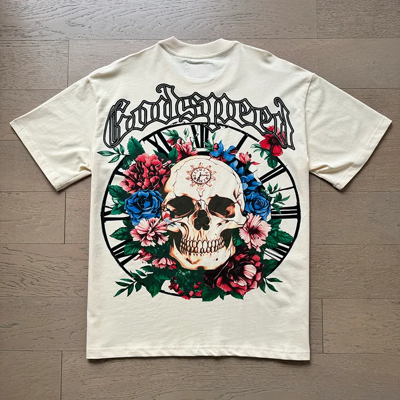 3019# P110 Real shot Godspeed American trendy rock street retro loose printed cotton short sleeves Fabric: 240g 32 count fine cotton double yarn pure cotton Color: off-white apricot Size: S M L XL
