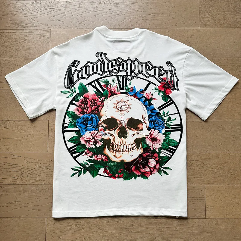 3019# P110 Real shot Godspeed American trendy rock street retro loose printed cotton short sleeves Fabric: 240g 32 count fine cotton double yarn pure cotton Color: off-white apricot Size: S M L XL