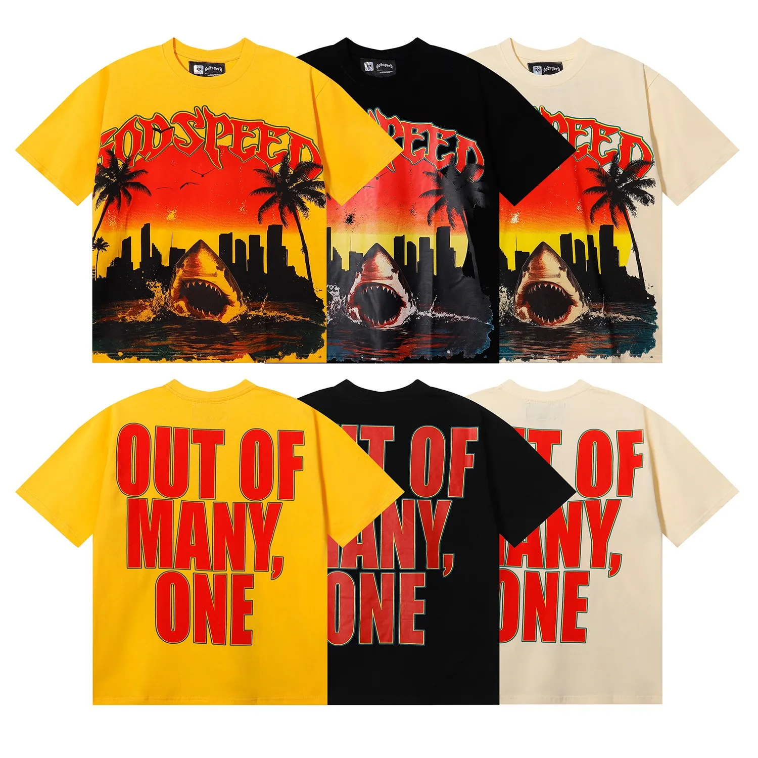 No. 7058, Mechao Godspeed urban coconut tree shark print high quality double yarn pure cotton casual short-sleeved T-shirt batch 110 Color: black, apricot, yellow; Size: S M L XL