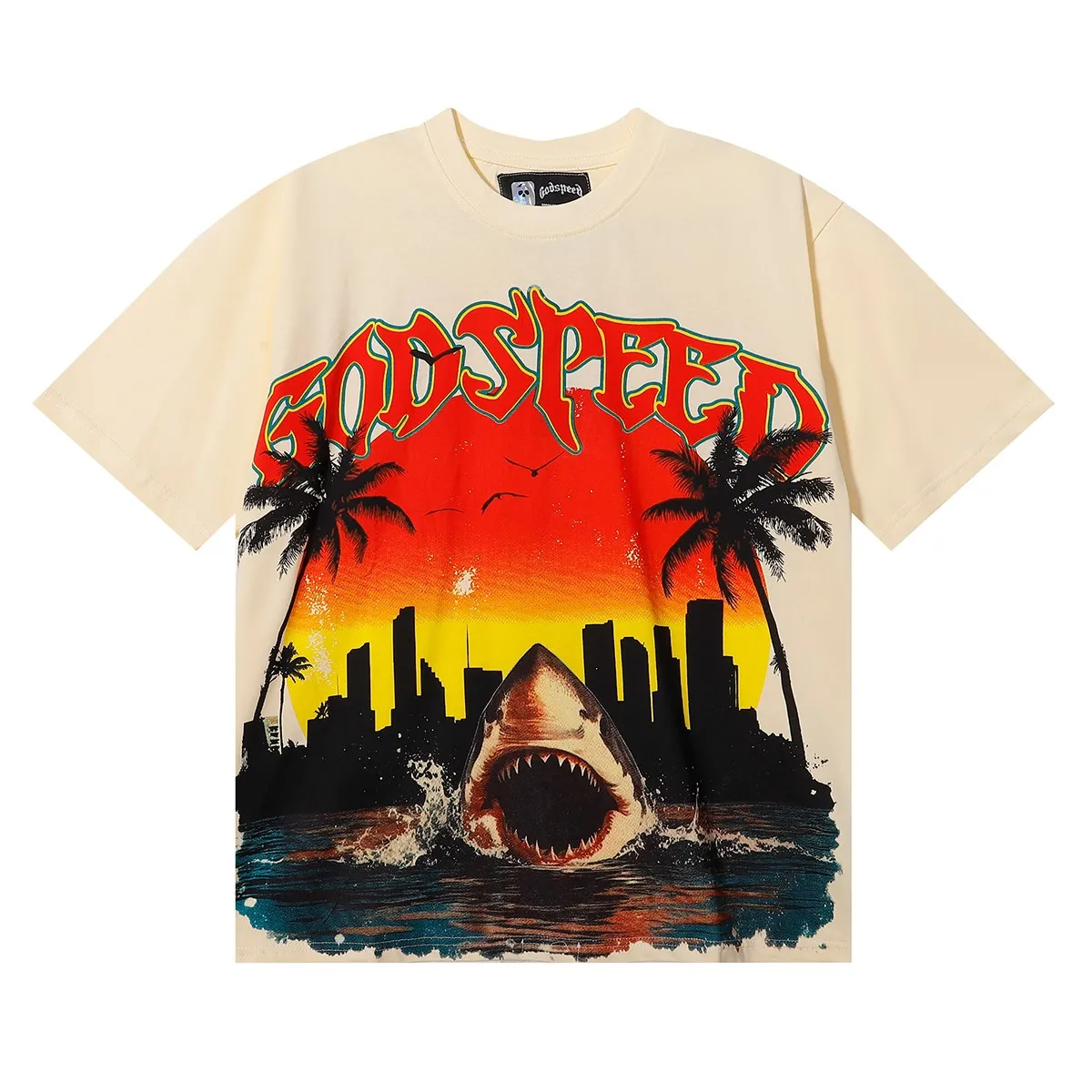 No. 7058, Mechao Godspeed urban coconut tree shark print high quality double yarn pure cotton casual short-sleeved T-shirt batch 110 Color: black, apricot, yellow; Size: S M L XL