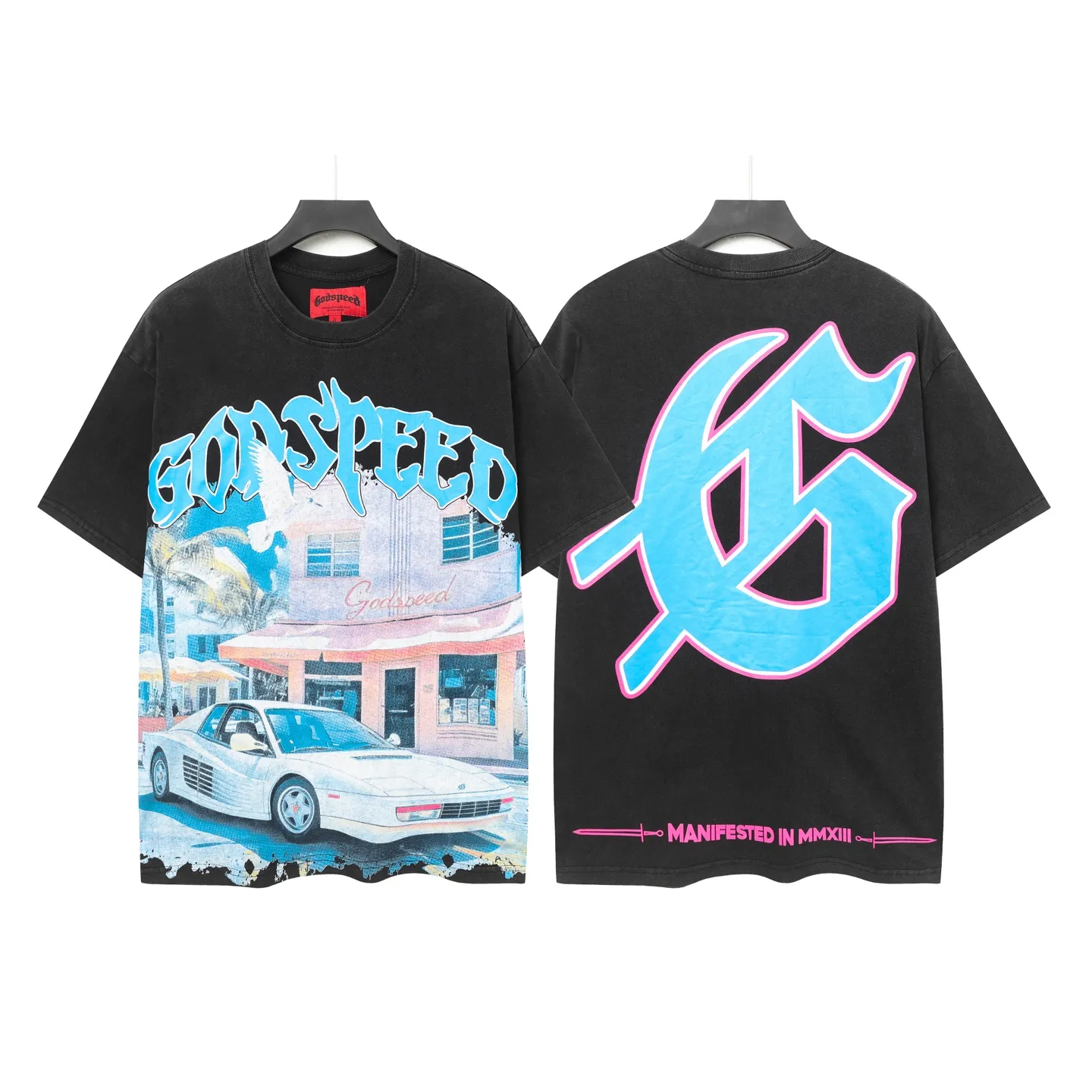 6057#washed black｜P116 Godspeed cross-border American rock and roll street washed retro style short-sleeved T (craft printing) fabric (fabric): 32 count combed double yarn 250g weight code number (size): S-M-L-XL color (colour): washed black