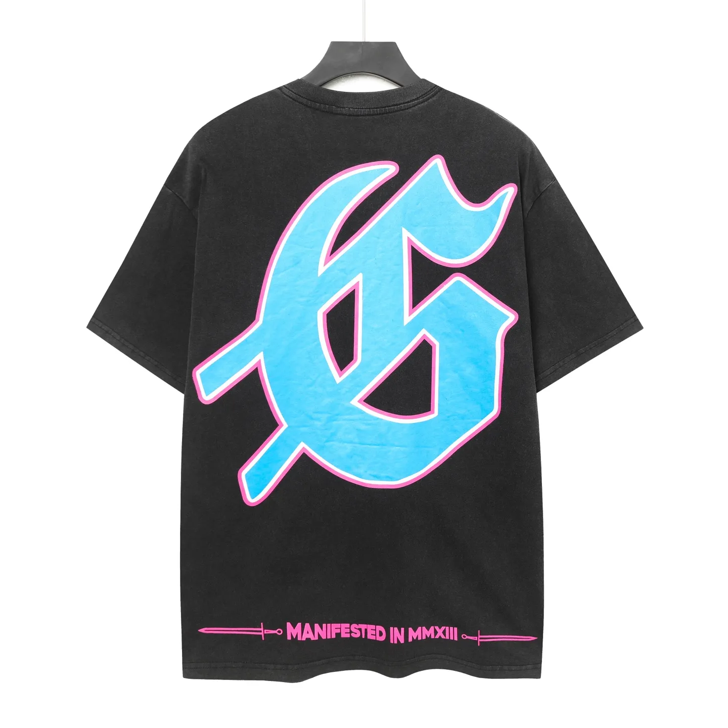 6057#washed black｜P116 Godspeed cross-border American rock and roll street washed retro style short-sleeved T (craft printing) fabric (fabric): 32 count combed double yarn 250g weight code number (size): S-M-L-XL color (colour): washed black