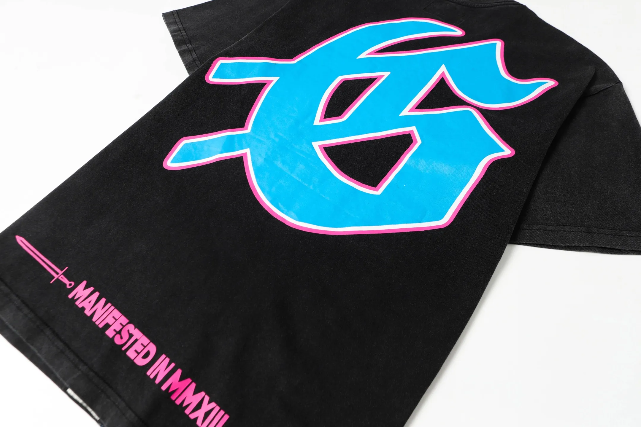 6057#washed black｜P116 Godspeed cross-border American rock and roll street washed retro style short-sleeved T (craft printing) fabric (fabric): 32 count combed double yarn 250g weight code number (size): S-M-L-XL color (colour): washed black