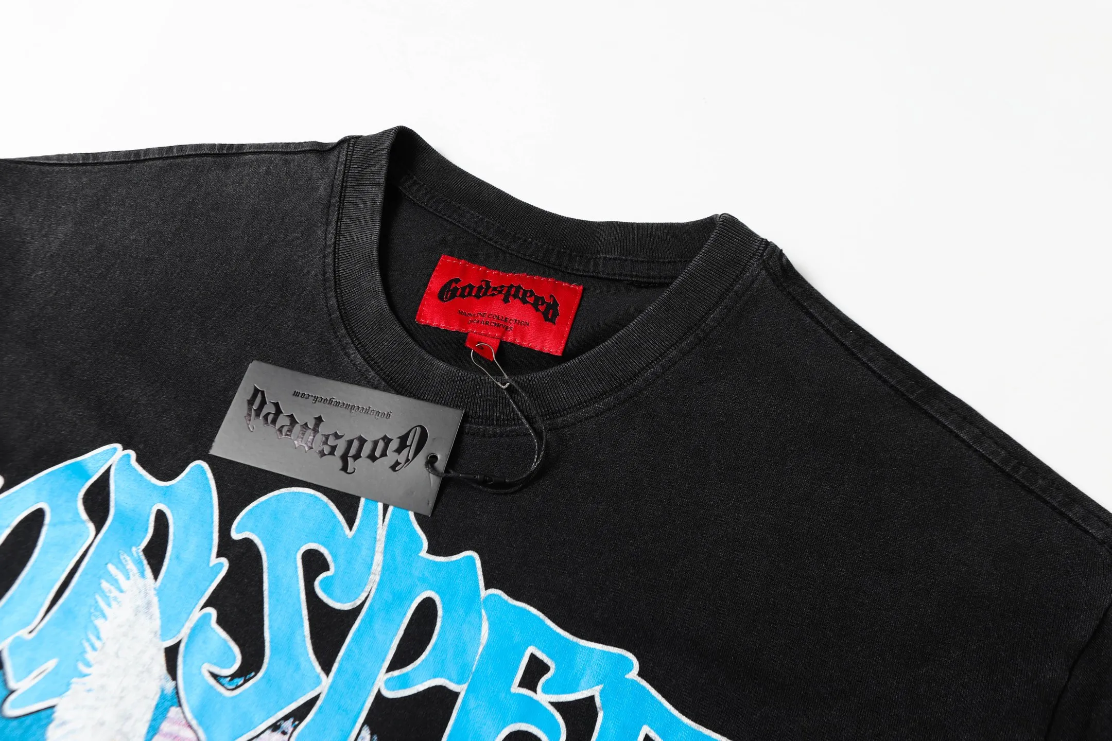 6057#washed black｜P116 Godspeed cross-border American rock and roll street washed retro style short-sleeved T (craft printing) fabric (fabric): 32 count combed double yarn 250g weight code number (size): S-M-L-XL color (colour): washed black