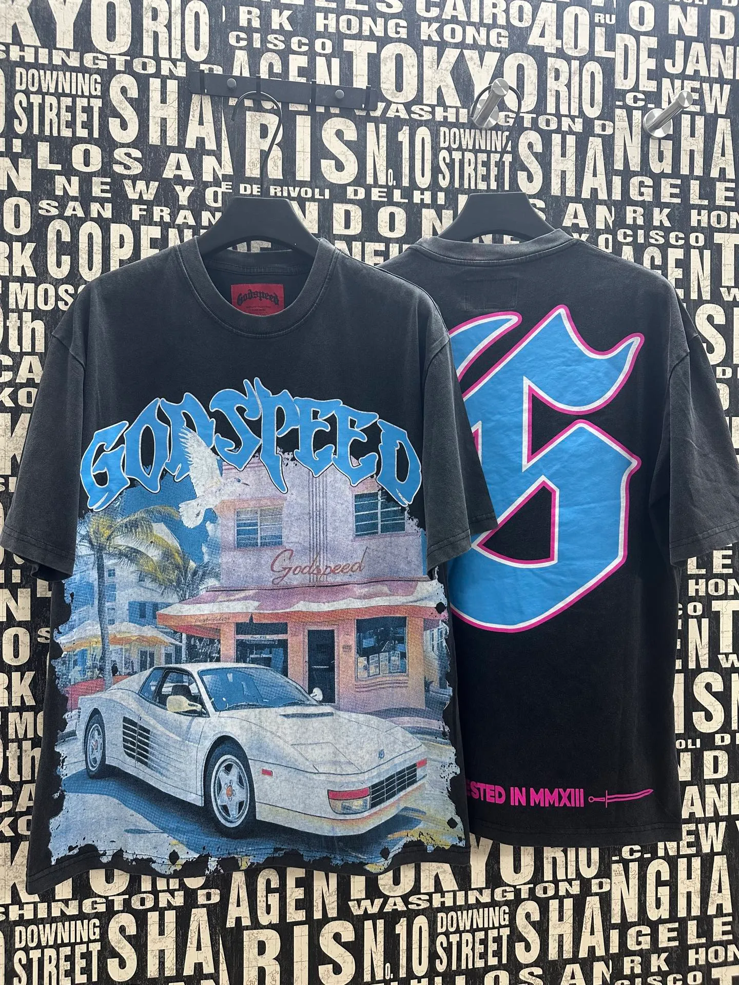 6057#washed black｜P116 Godspeed cross-border American rock and roll street washed retro style short-sleeved T (craft printing) fabric (fabric): 32 count combed double yarn 250g weight code number (size): S-M-L-XL color (colour): washed black