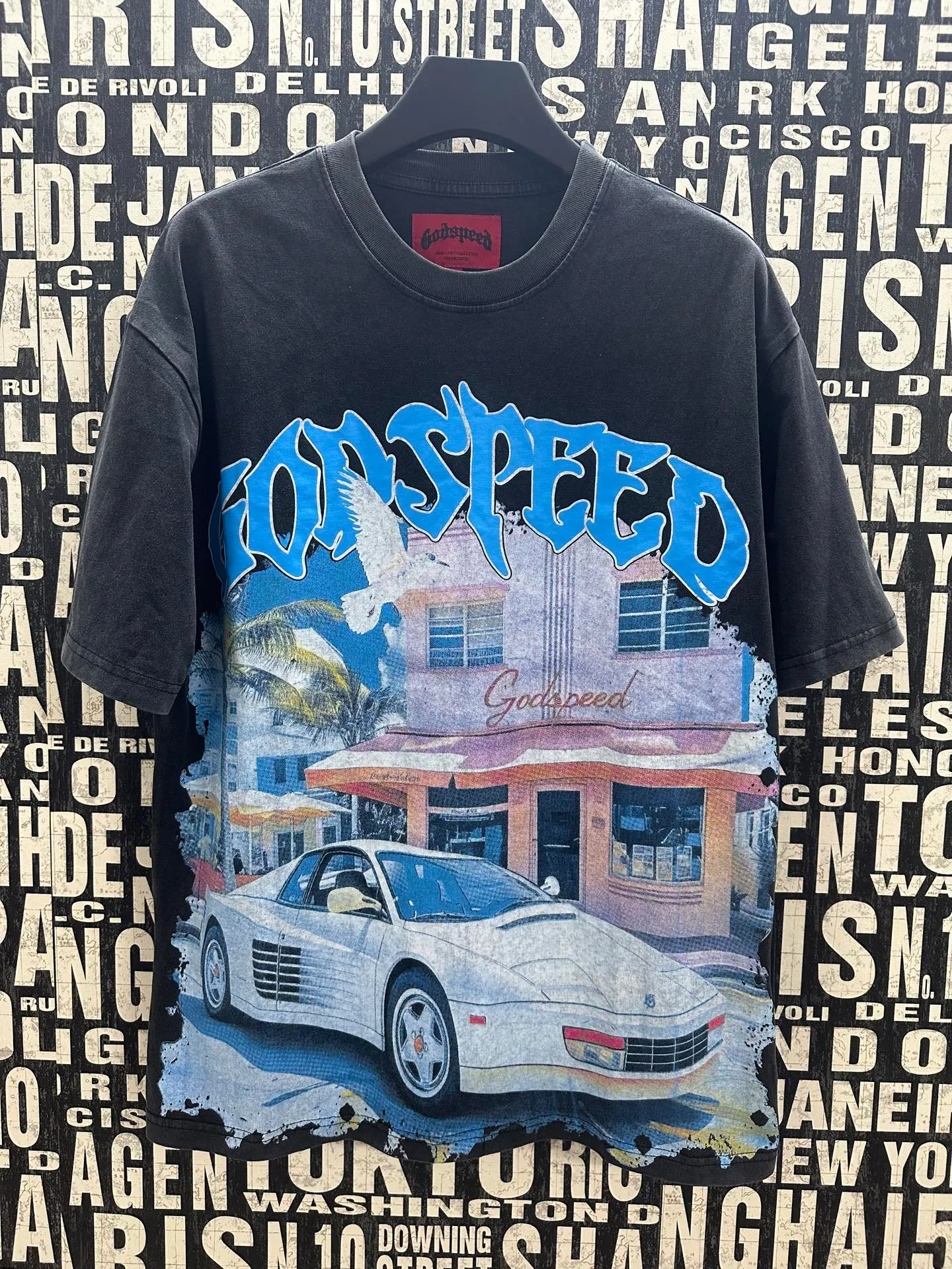 6057#washed black｜P116 Godspeed cross-border American rock and roll street washed retro style short-sleeved T (craft printing) fabric (fabric): 32 count combed double yarn 250g weight code number (size): S-M-L-XL color (colour): washed black