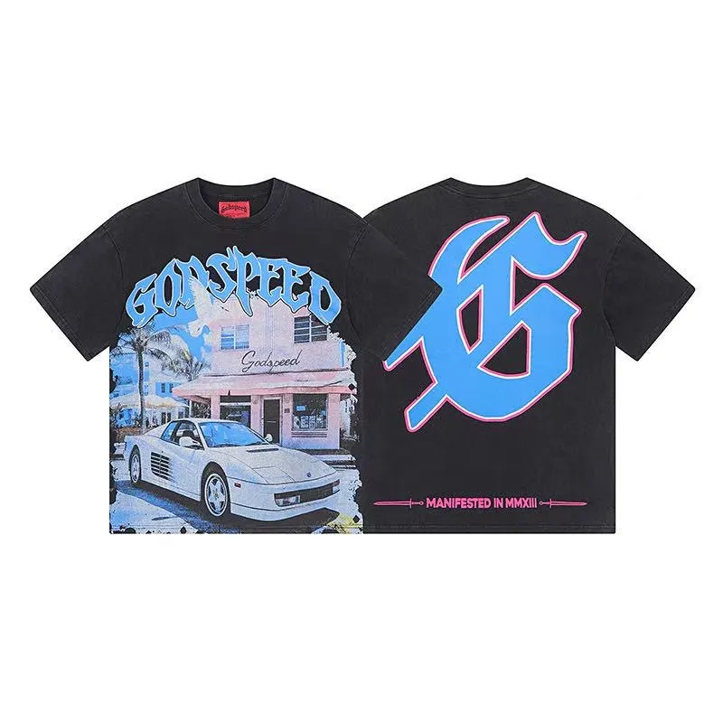 6057#washed black｜P116 Godspeed cross-border American rock and roll street washed retro style short-sleeved T (craft printing) fabric (fabric): 32 count combed double yarn 250g weight code number (size): S-M-L-XL color (colour): washed black