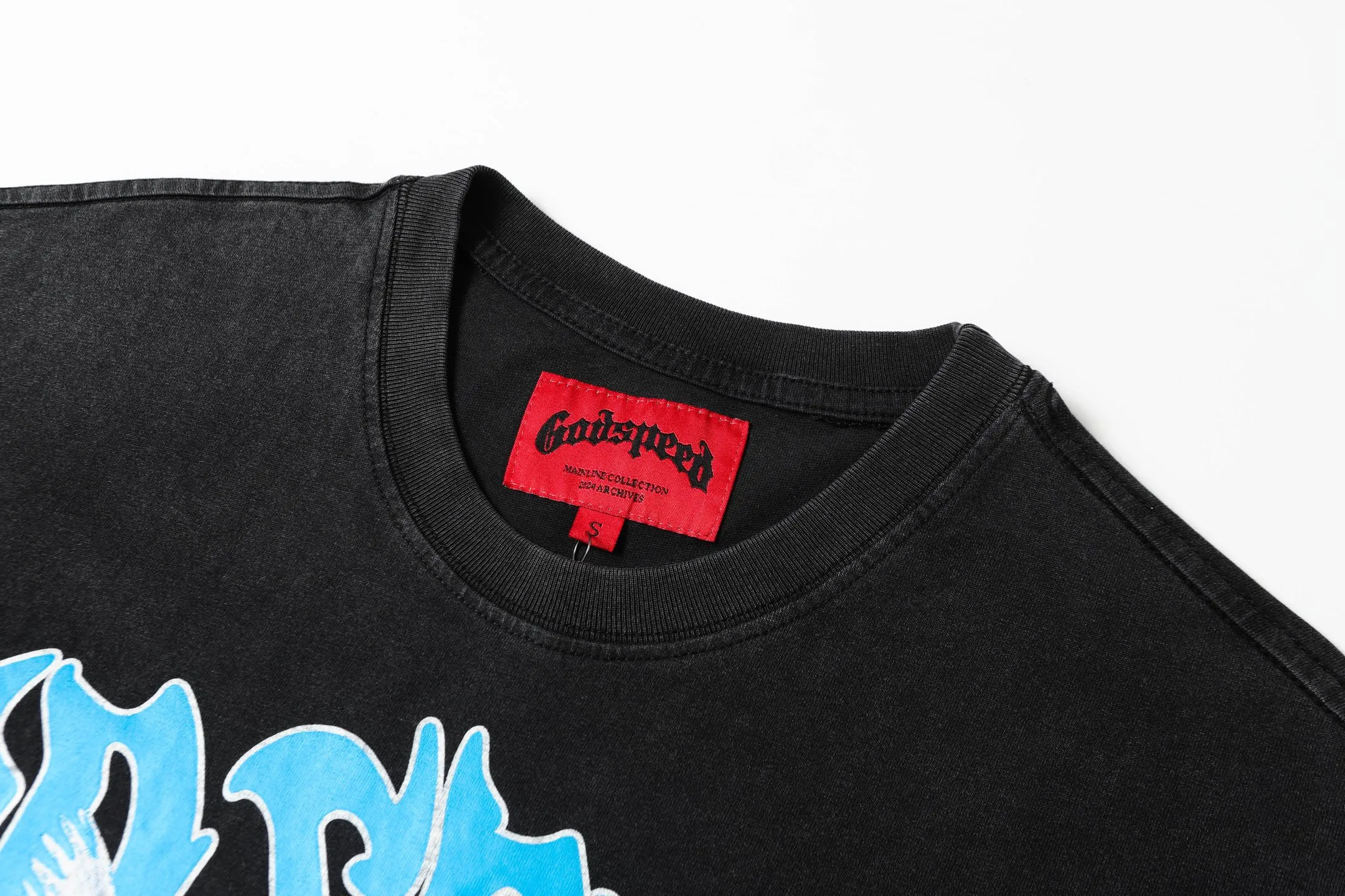 6057#washed black｜P116 Godspeed cross-border American rock and roll street washed retro style short-sleeved T (craft printing) fabric (fabric): 32 count combed double yarn 250g weight code number (size): S-M-L-XL color (colour): washed black